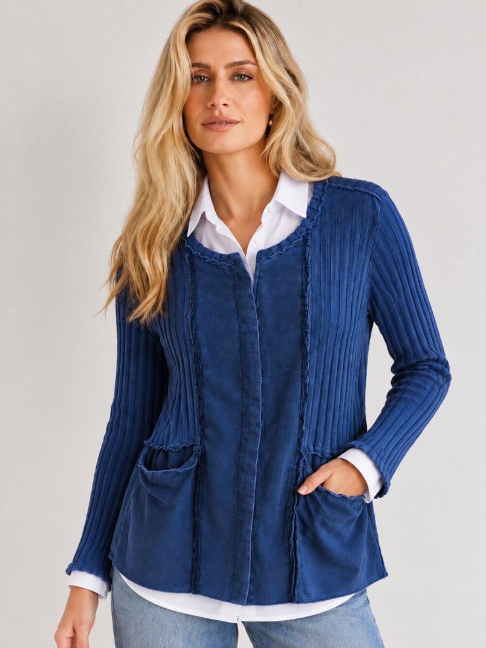 Distressed 100% cotton cardigan, raw edges
